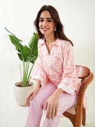 Women Pink Tranquil Printed Cotton Fancy V Neck Kaftan Co ord Set