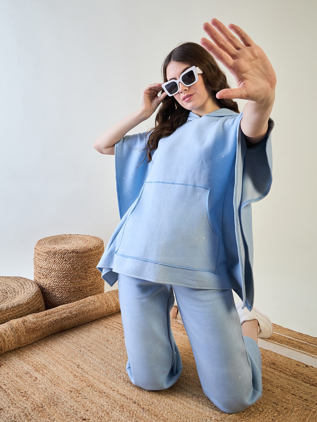 Soft fabric light blue winter kaftan and pyjama set for comfort.