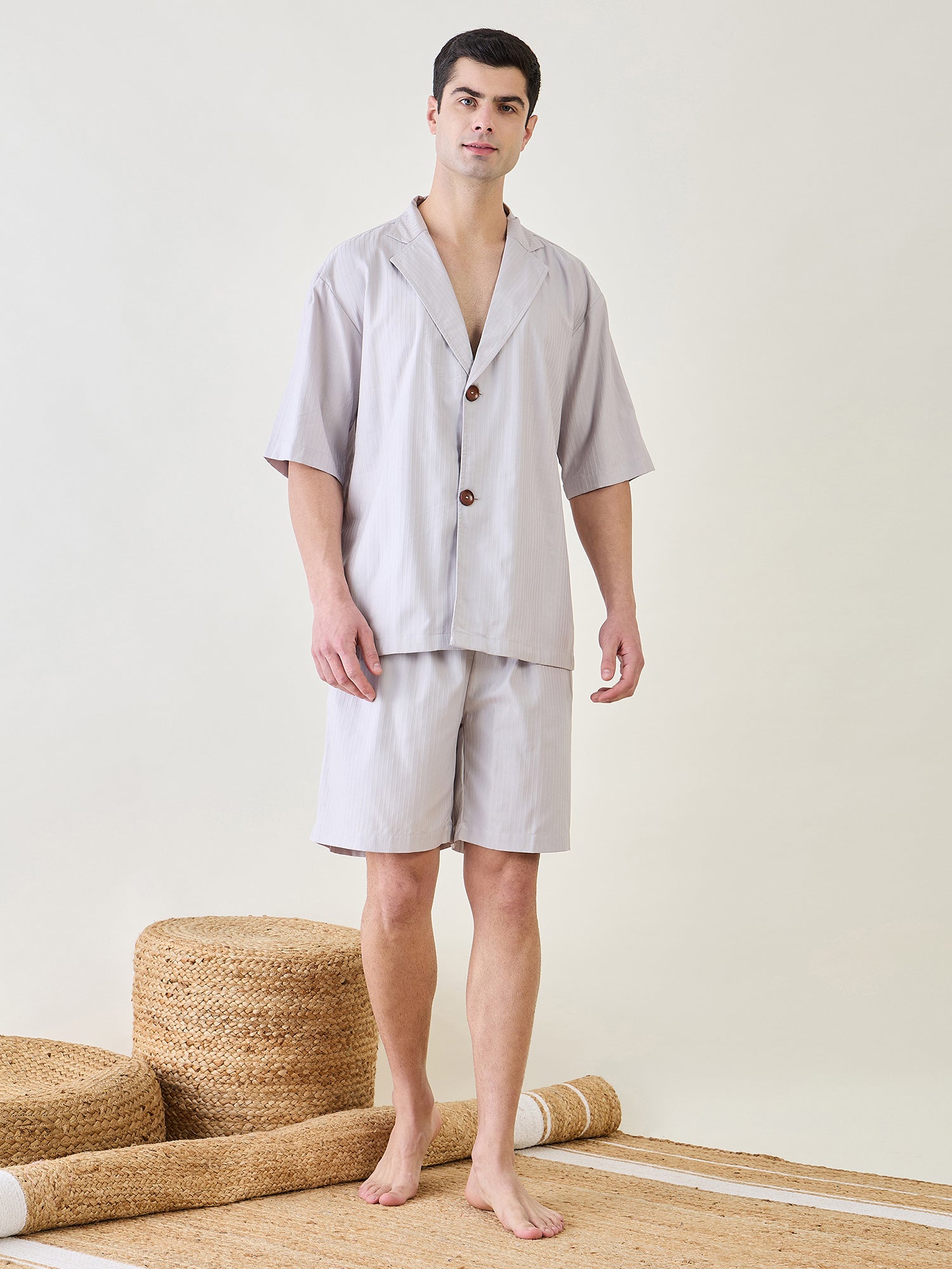 Mens Grey Collar Shirt And Shorts Set