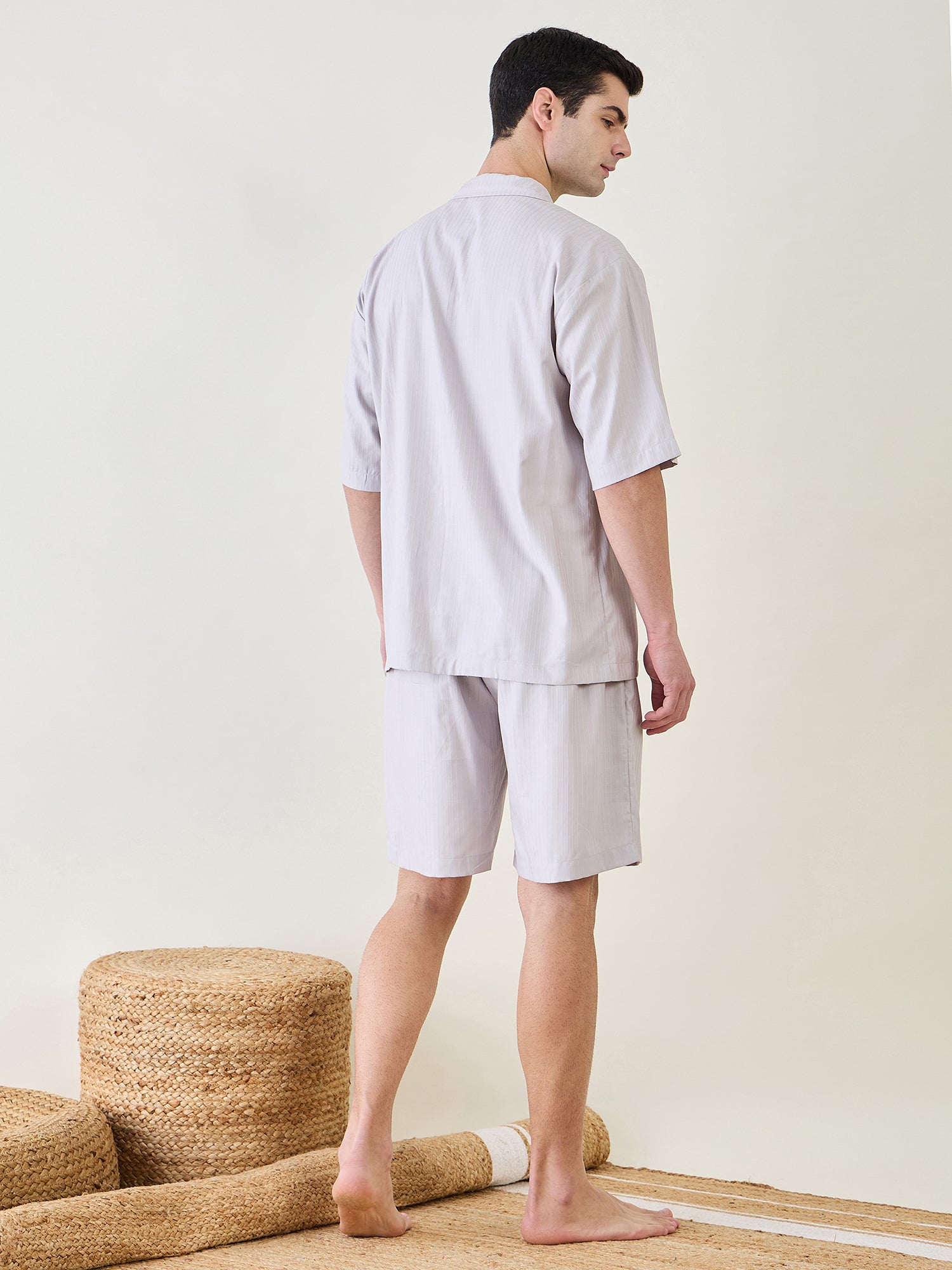 Mens Casual Grey Collar Shirt And Shorts Set