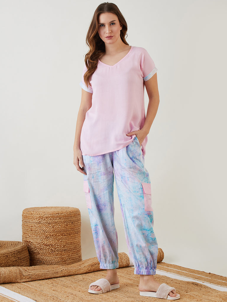 Pink Tie-Dye Printed Night Suit with Solid Pink Pull on Top with Slip on Elasticated Jogger Style Pants with Pocket Detailing