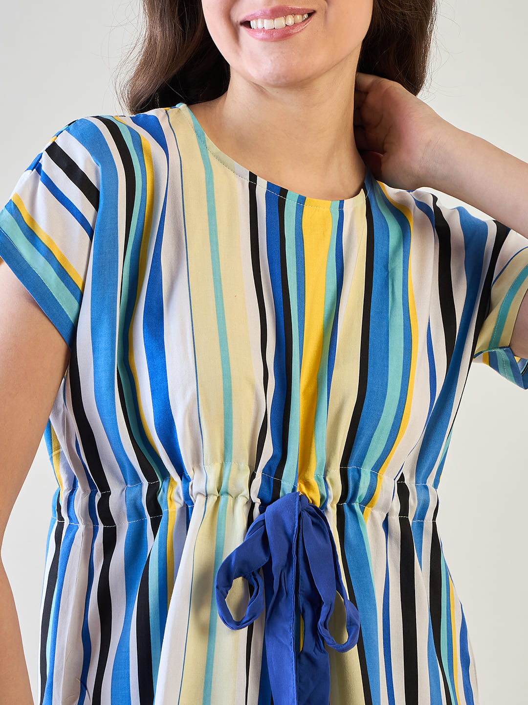 Stylish striped V-neck top and blue pajama set for everyday comfort.