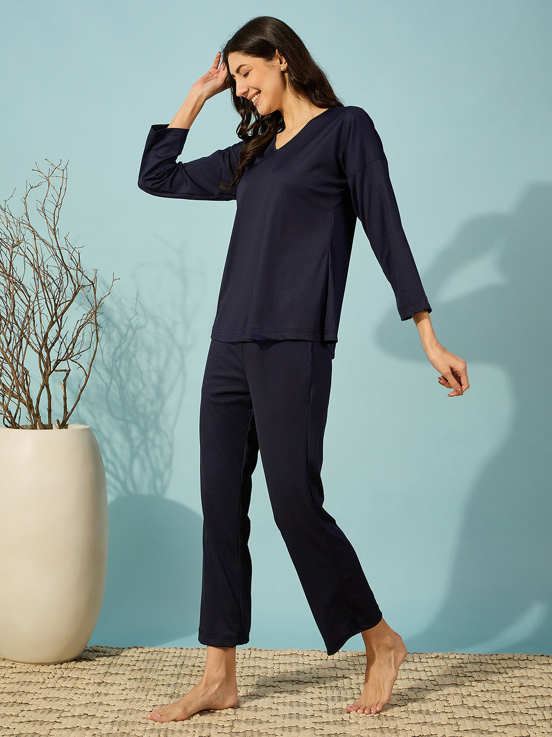 Soft and cozy navy ribbed pyjama set, designed for ultimate comfort and sleep.
