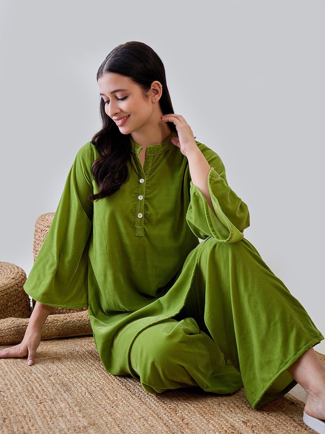 Enjoy a minimalist, stylish loungewear option with the Green Solid Minimalistic Pyjama Set.
