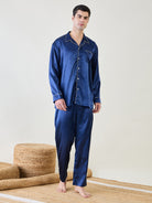 Men's blue satin nightsuit set with a regular-fit shirt and pants