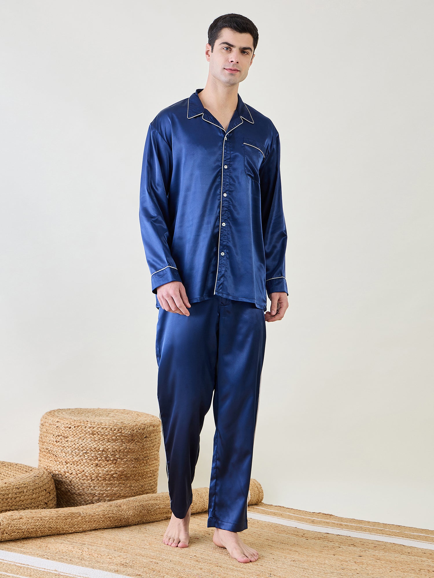 Men's blue satin nightsuit set with a regular-fit shirt and pants