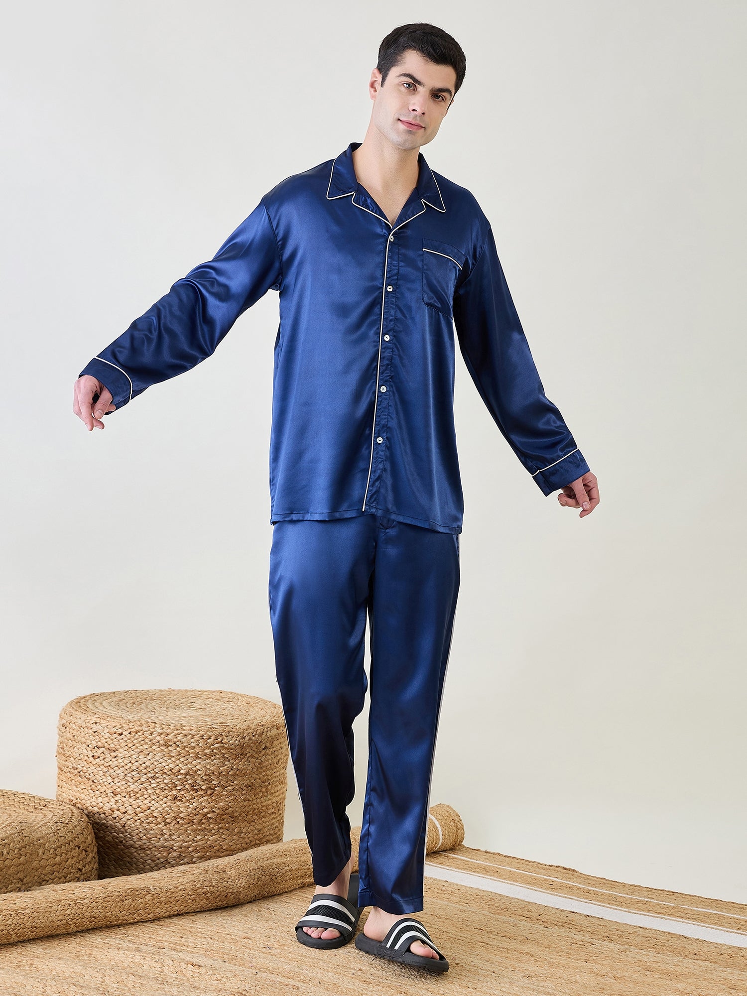 Blue satin shirt with contrast piping and matching pants for men