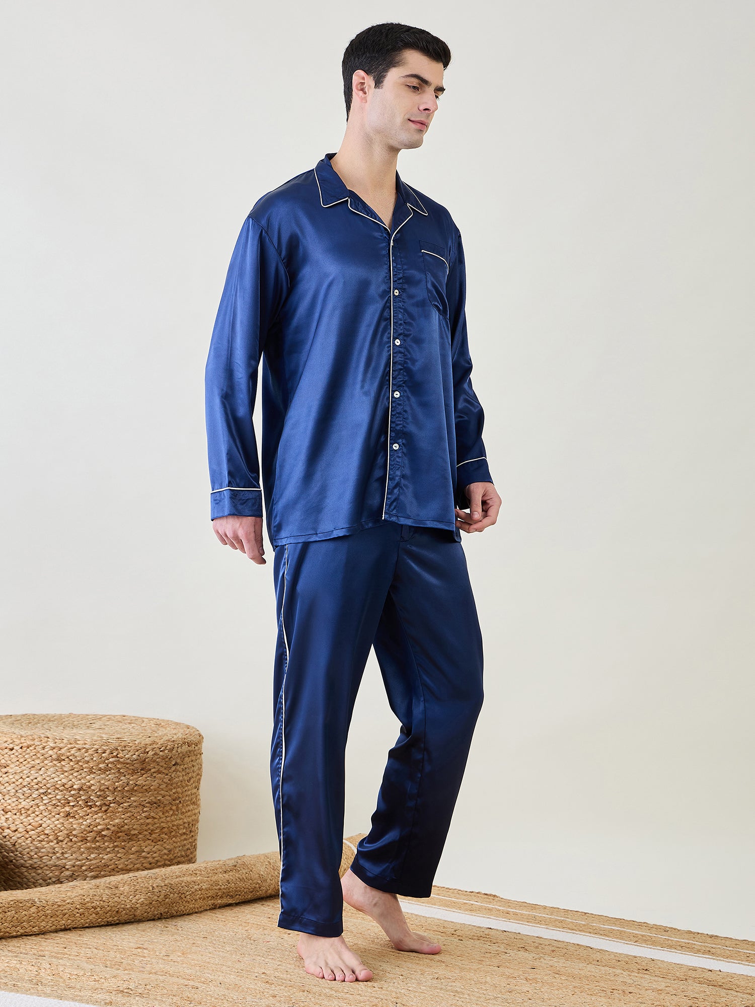 Men's blue satin pajamas with waistband and buttoned pants