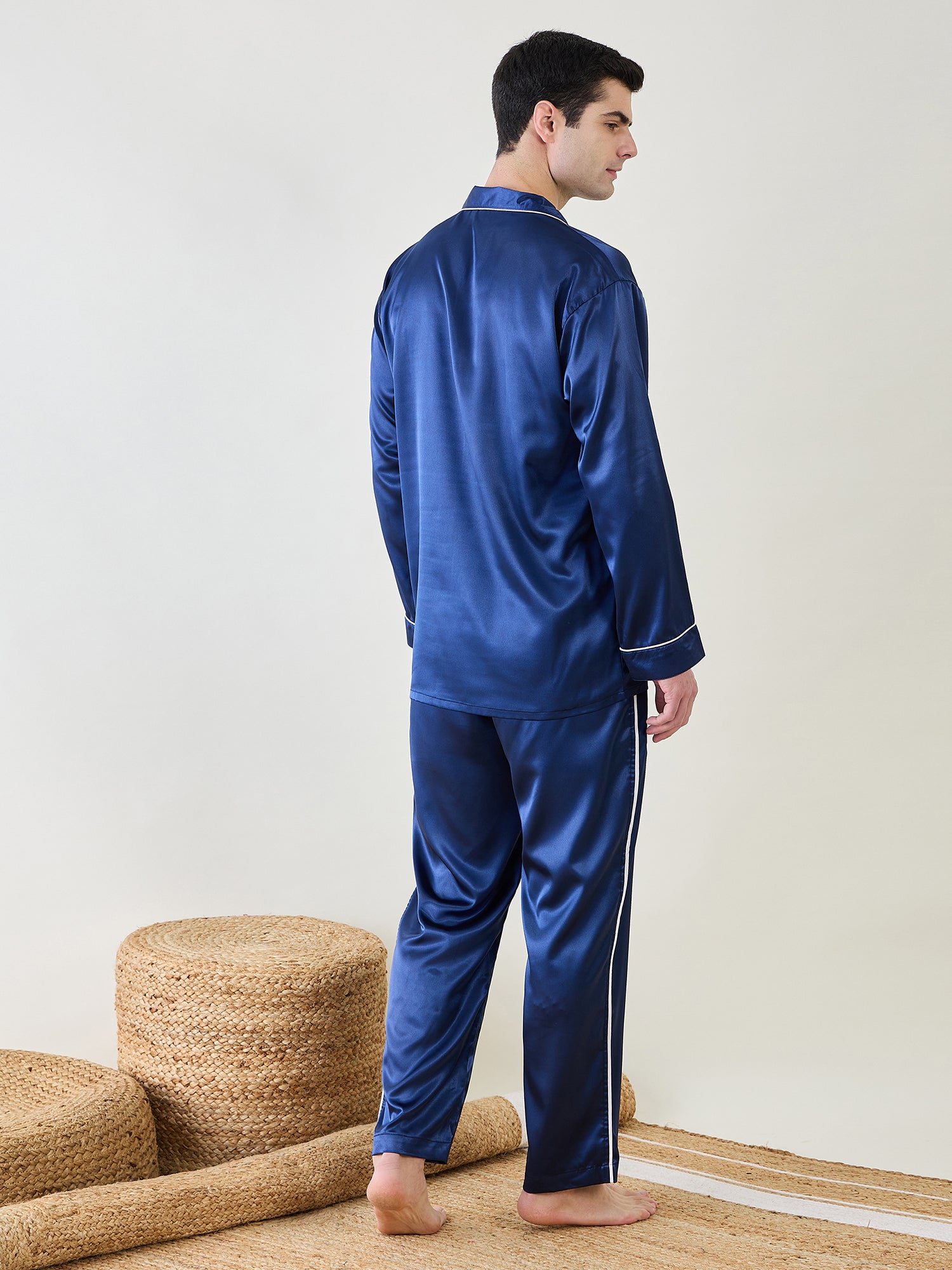 Blue satin sleepwear set for men with a regular-fit design