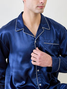 Men's satin nightsuit in blue with contrast piping details