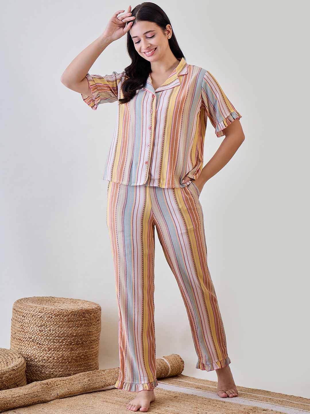 Multicoloured Viscose Crinkled Striped Pyjama Set for a comfortable, stylish loungewear option
