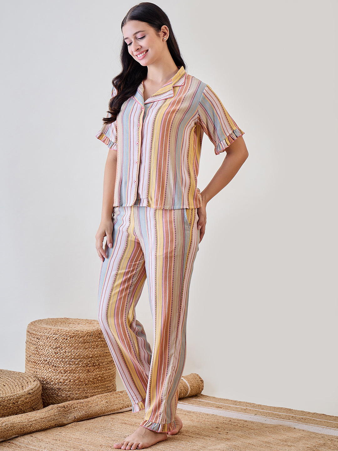 Relax in comfort with the Multicoloured Viscose Crinkled Striped Pyjama Set, perfect for cozy evenings
