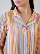 Upgrade your nightwear collection with the Multicoloured Viscose Crinkled Striped Pyjama Set
