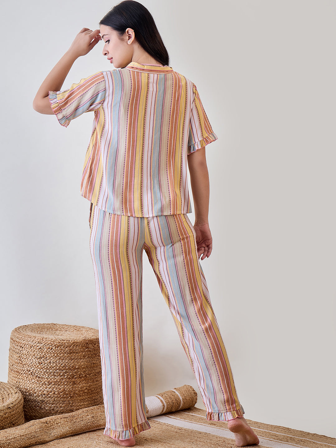 Embrace comfort and style with the Multicoloured Viscose Crinkled Striped Pyjama Set for a relaxing night in
