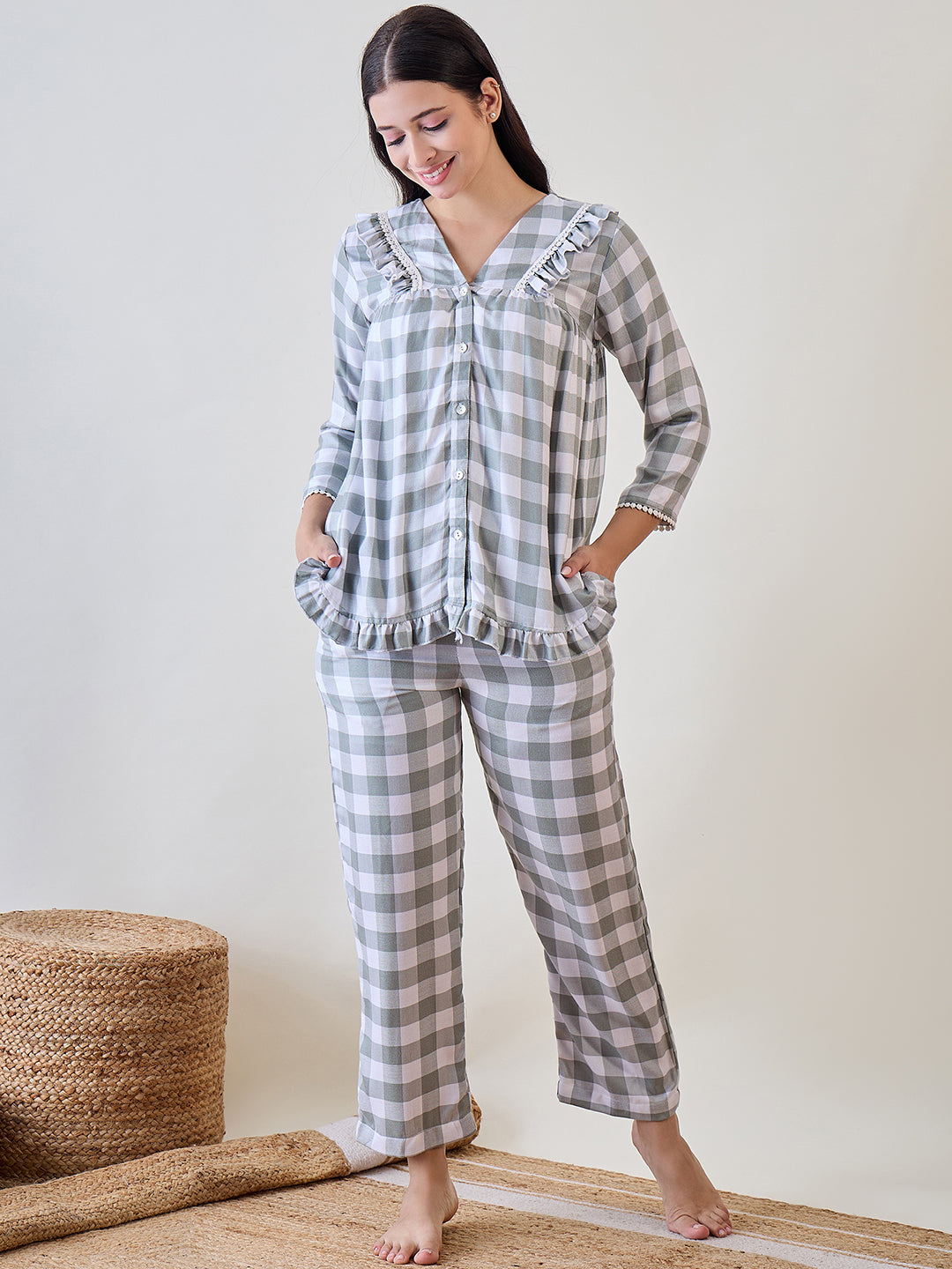 Green and White Checks Ruffled Viscose Pyjama Set with Lace Detail for cozy style.
