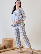 Green and White Checks Ruffled Viscose Pyjama Set with Lace Detail for chic loungewear.
