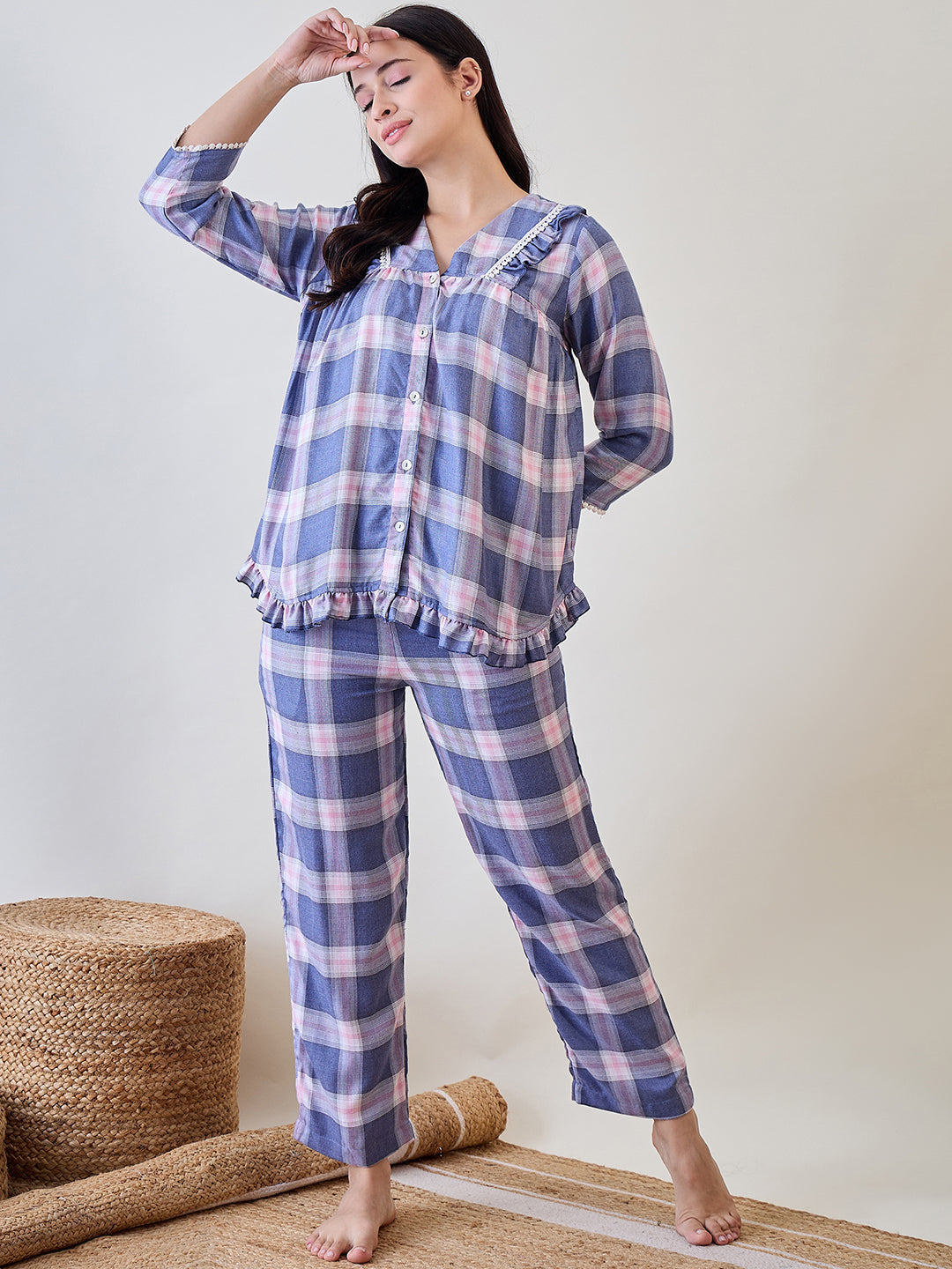 Blue and Pink Checks Ruffled Viscose Pyjama Set with Lace Detail Online
