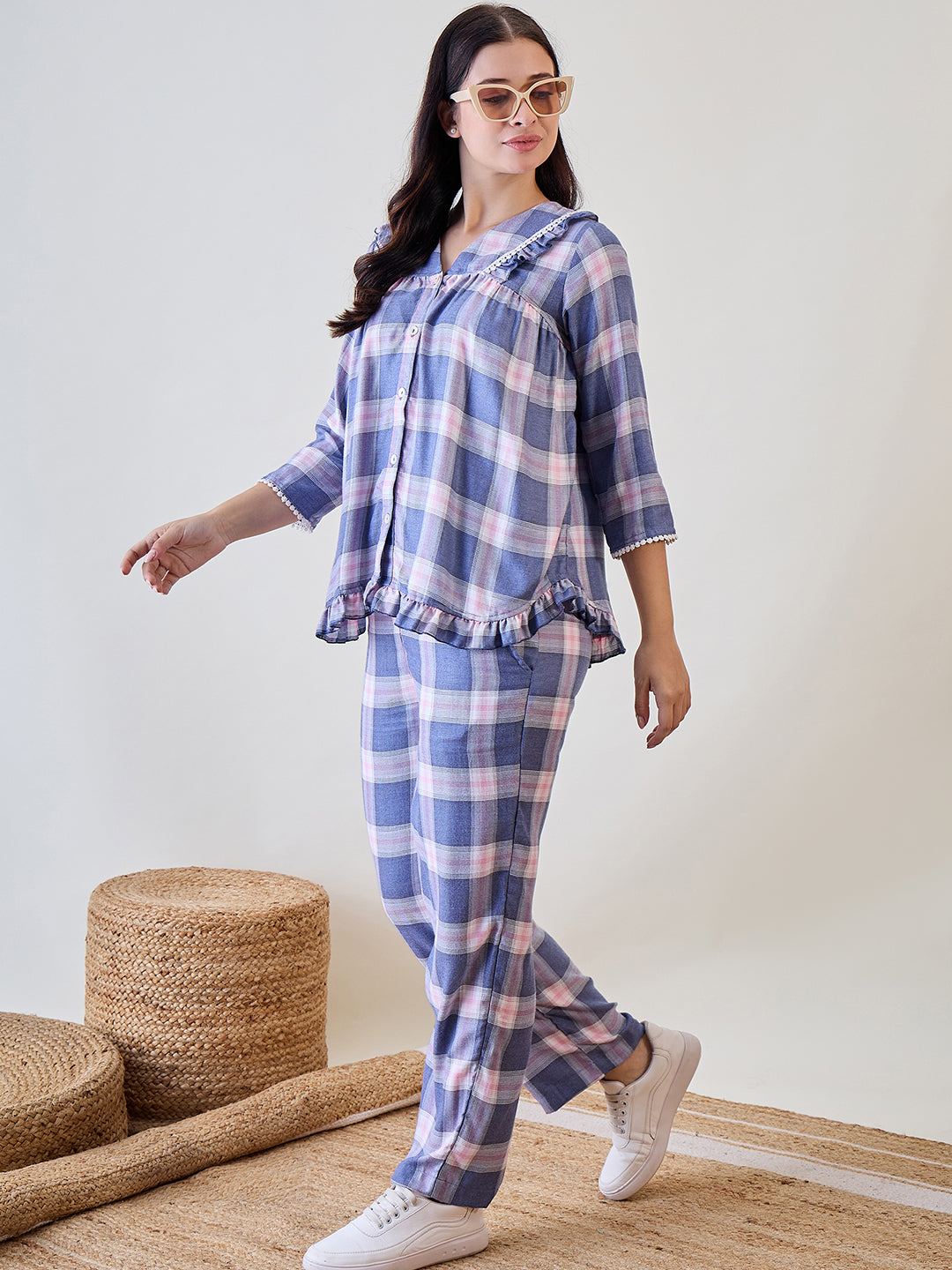 Cute and Comfortable Blue and Pink Check Pyjama Set with Ruffle and Lace Design
