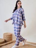 Cute and Comfortable Blue and Pink Check Pyjama Set with Ruffle and Lace Design
