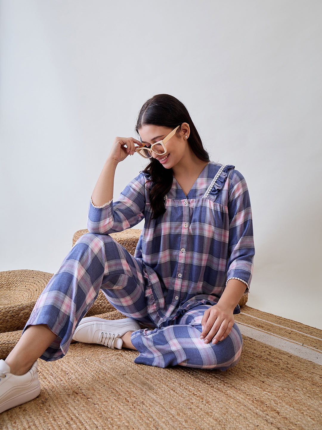 Stylish Blue and Pink Checks Ruffled Viscose Pyjama Set
