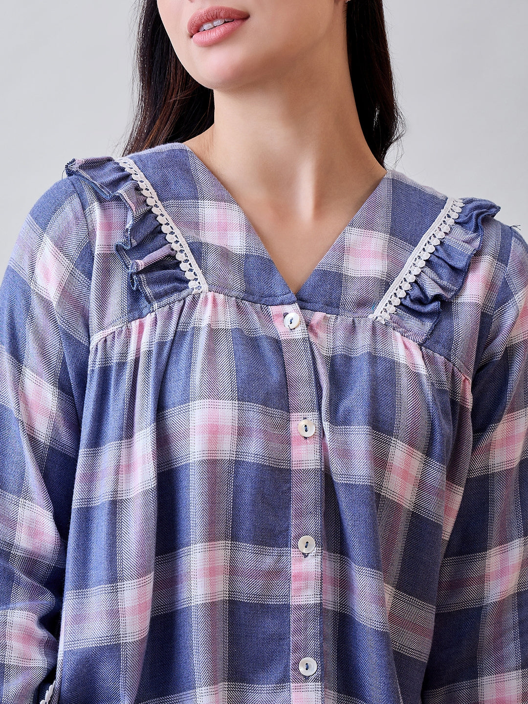 Blue and Pink Checked Pyjama Set with Lace Details for a chic and snug sleepwear choice.

