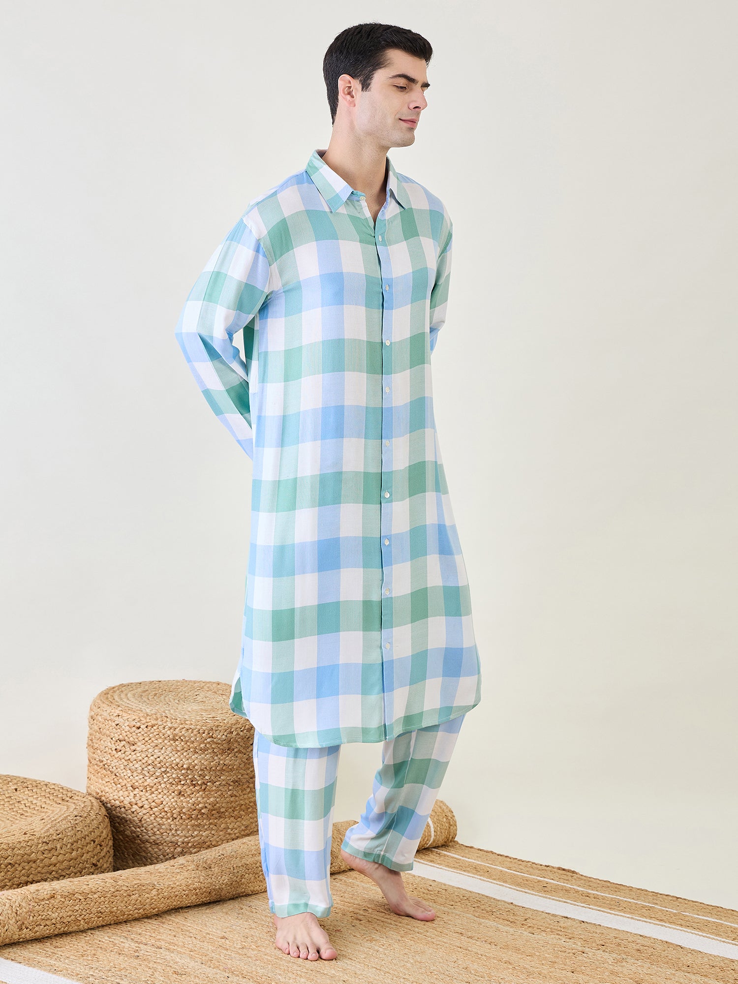 Affordable and stylish men's checks kurta and pants set - 100% cotton, regular fit, drawstring pants