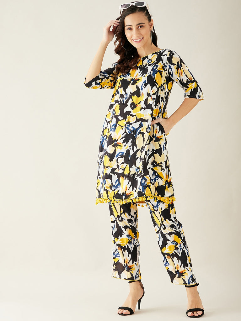 Black and White Floral Printed Rayon Co-ord Set