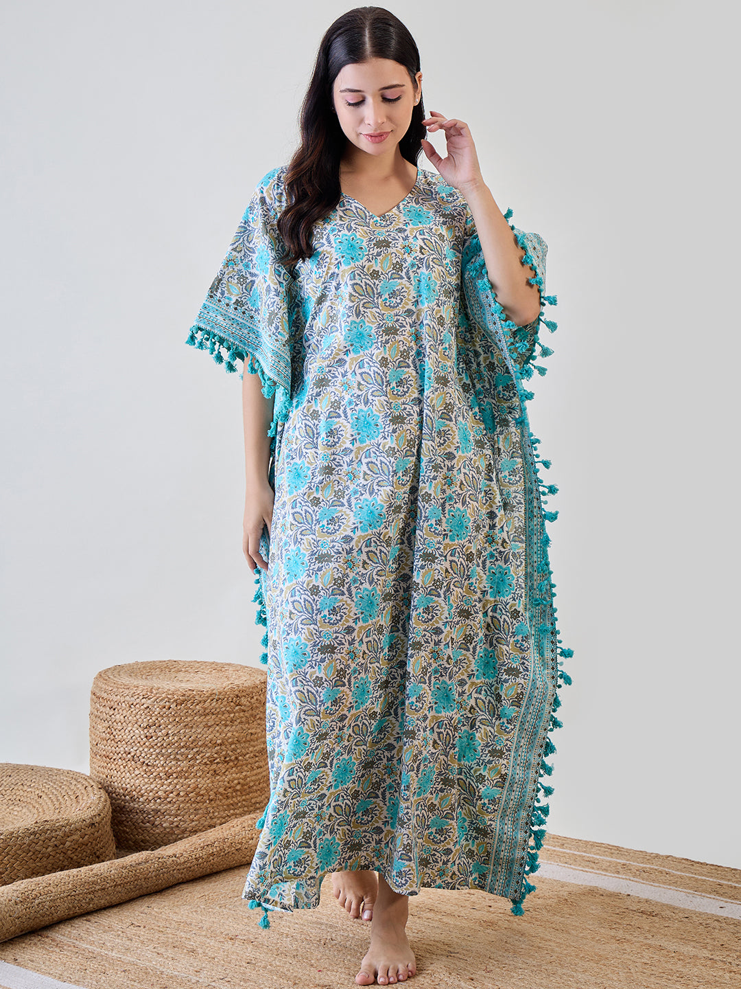 Blue Floral Tassel Lace Embellished Cotton Kaftan Nightdress for effortless style and comfort.
