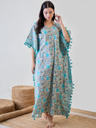 Blue Floral Tassel Lace Embellished Cotton Kaftan Nightdress for effortless style and comfort.
