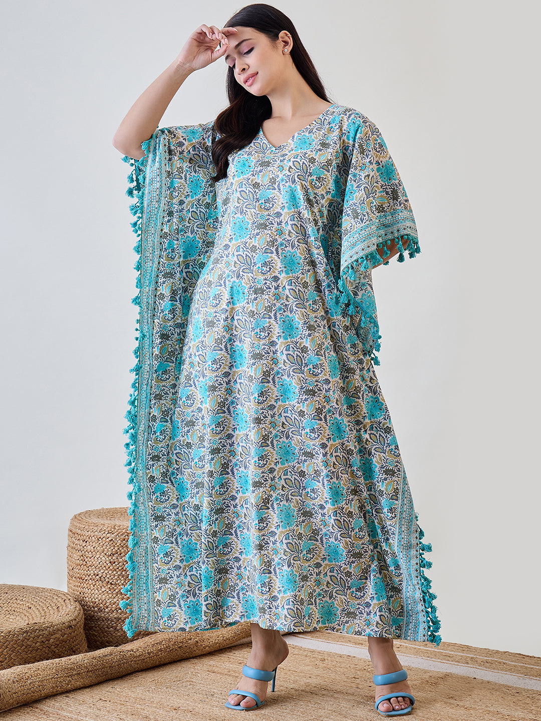 Enhance your nightwear with the Blue Floral Tassel Lace Cotton Kaftan Nightdress.
