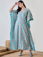 Enhance your nightwear with the Blue Floral Tassel Lace Cotton Kaftan Nightdress.
