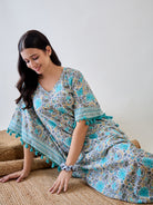 Feel elegant and comfortable in the Blue Floral Tassel Lace Cotton Kaftan Nightdress.

