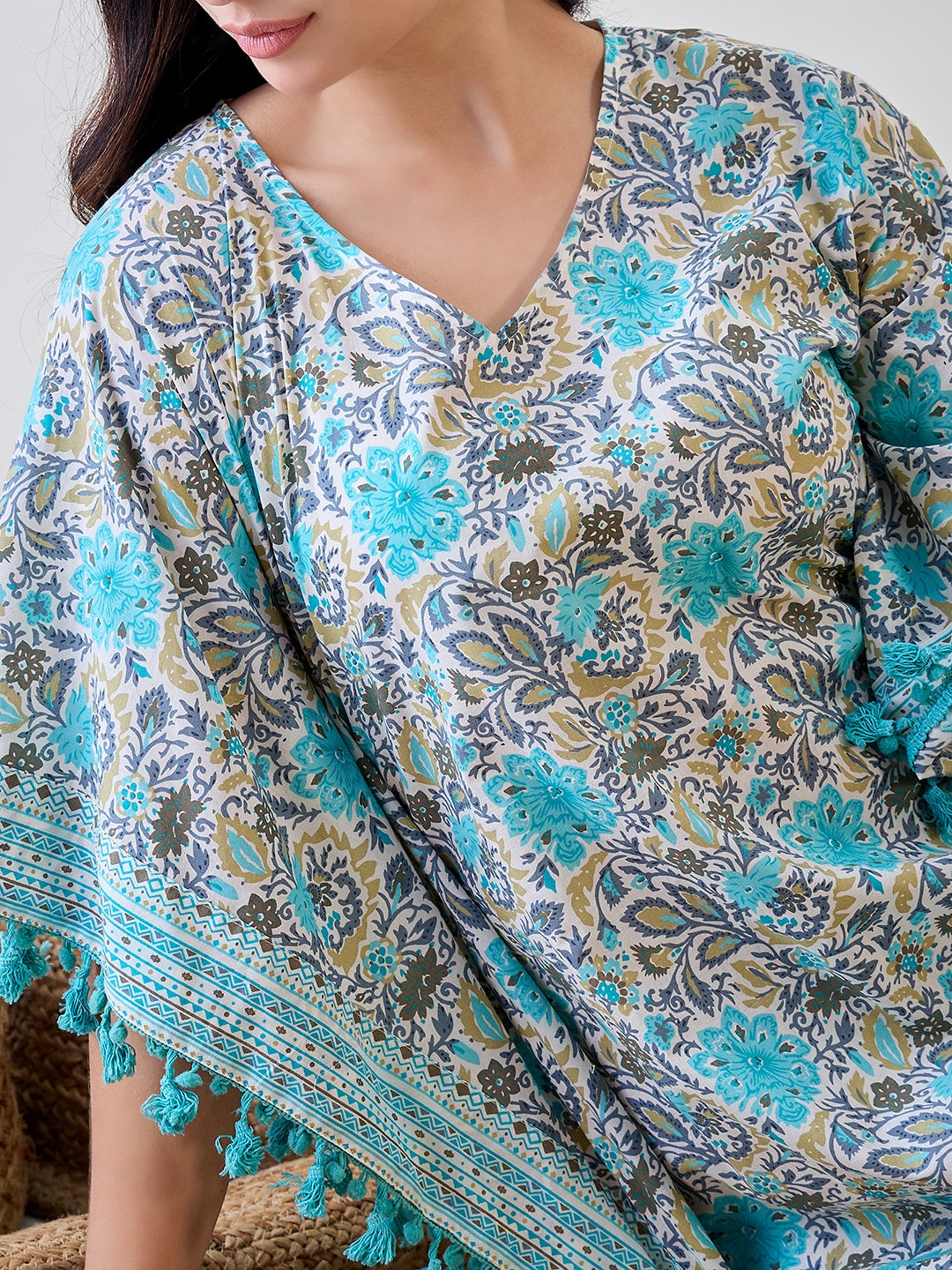 Stay chic all night long in the Blue Floral Tassel Lace Embellished Kaftan Nightdress
