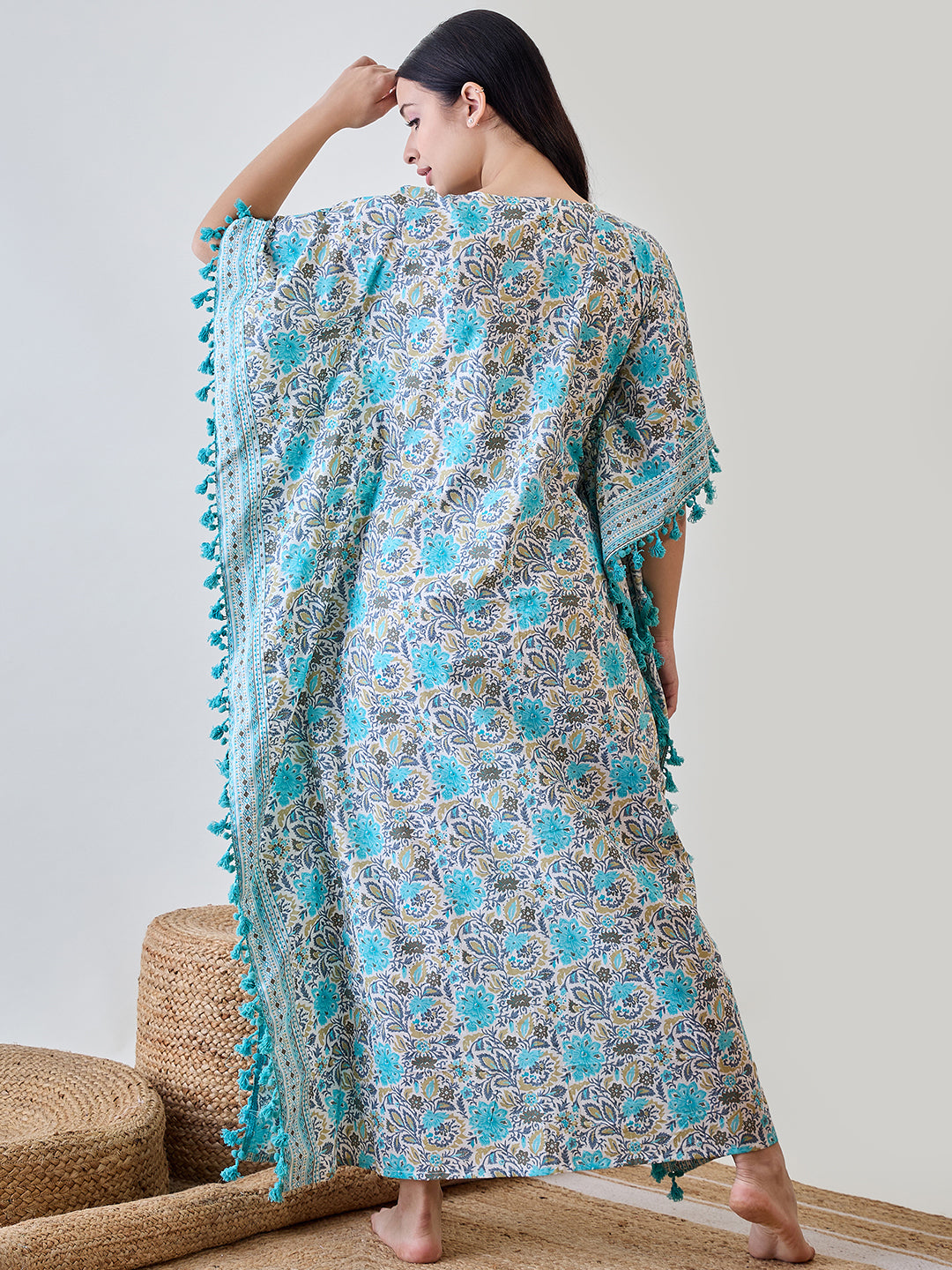 Indulge in the soft comfort of the Blue Floral Tassel Lace Cotton Kaftan Nightdress.
