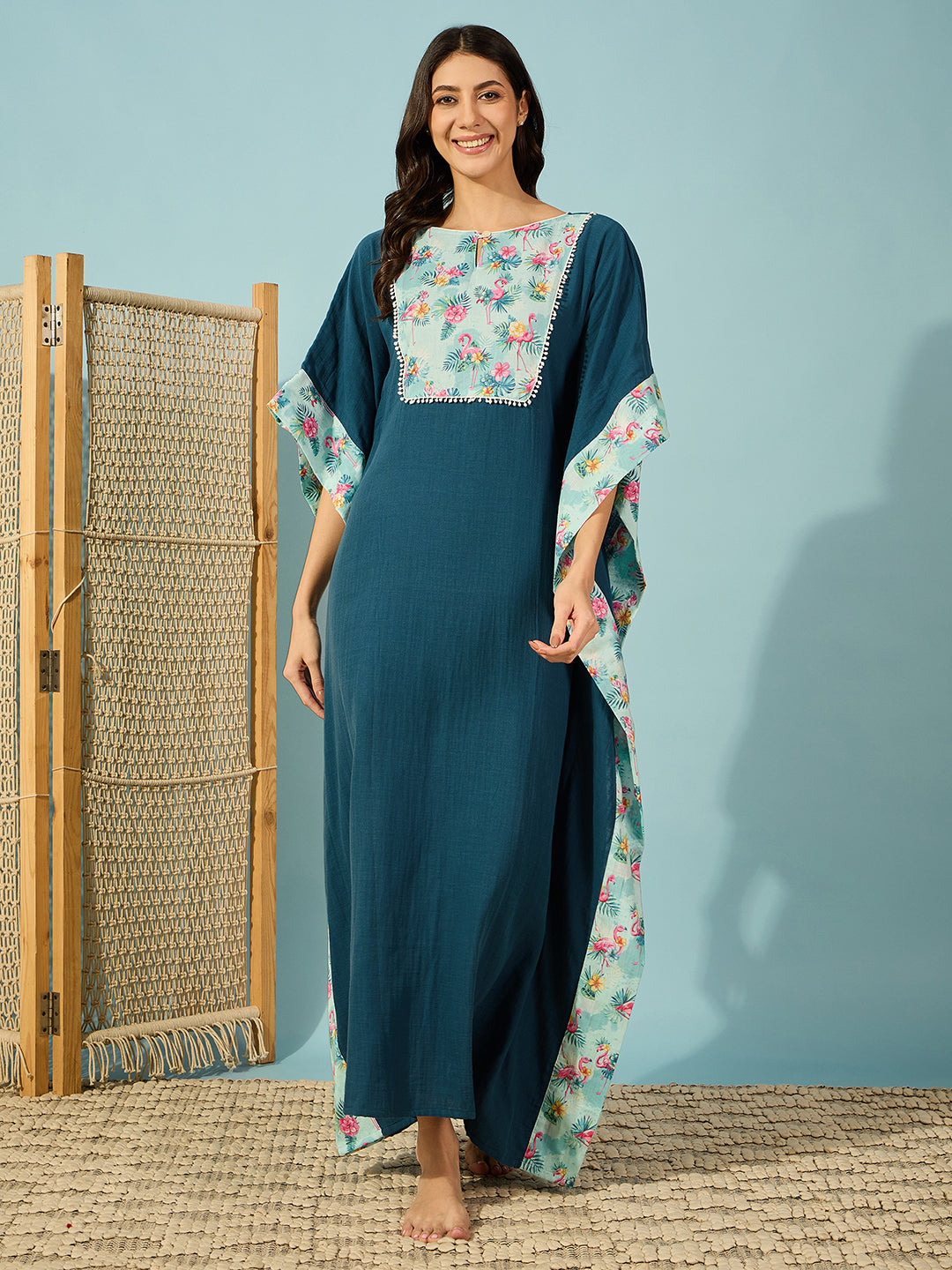 Stylish Blue Flamingo Cotton Kaftan for women â‚¬€œ breezy boat neck design, knee-length.
