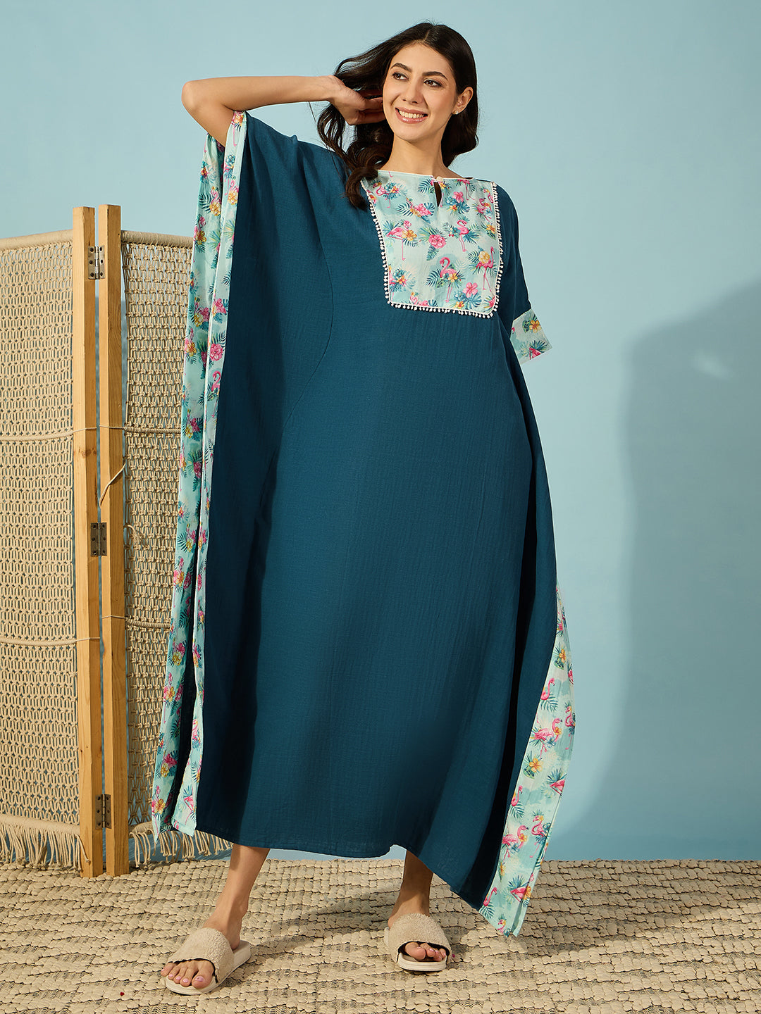 Comfortable and trendy blue cotton kaftan nightdress for women with boat neck.
