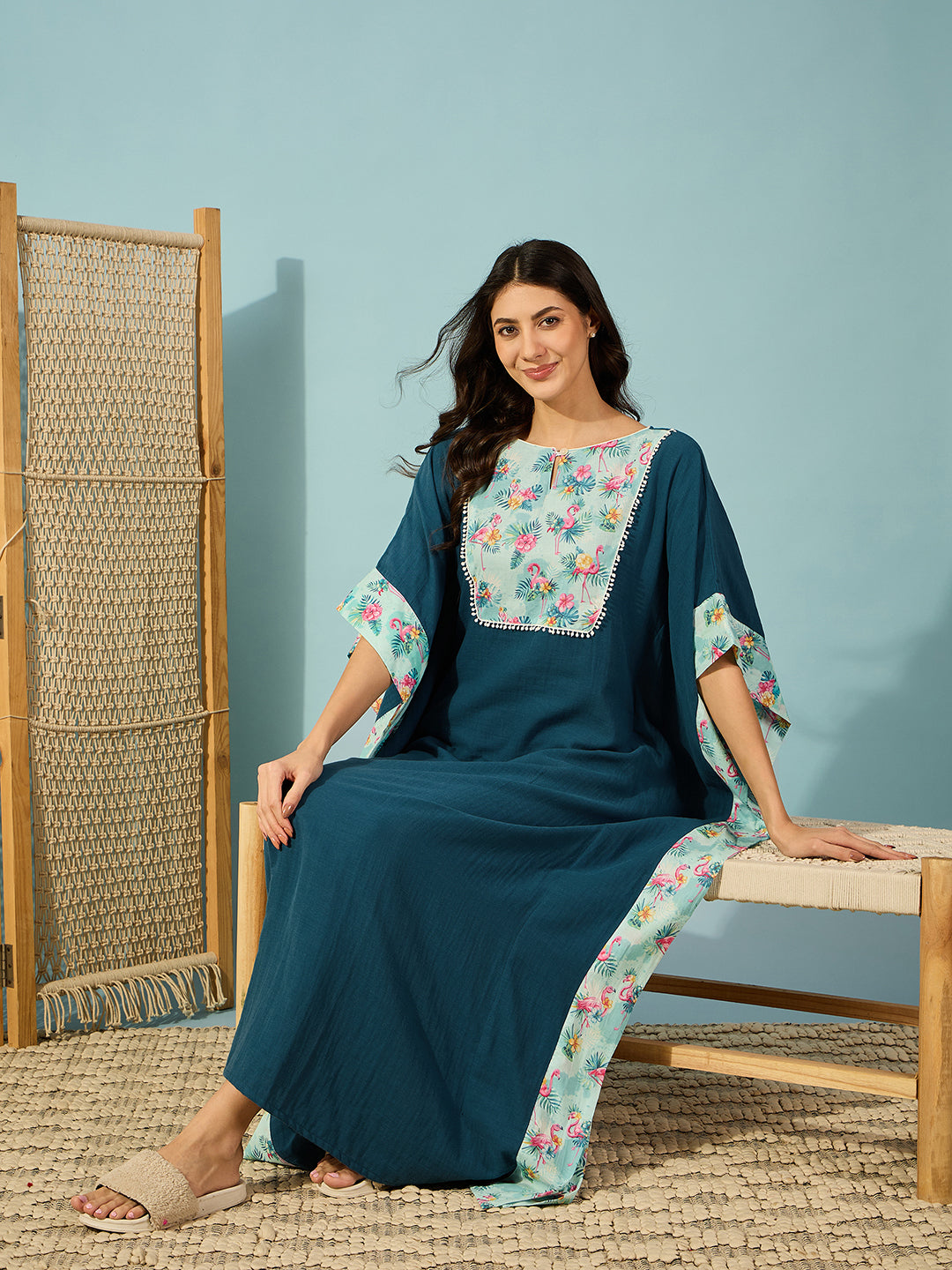 Elegant blue cotton kaftan nighty for women with flamingo yoke print â‚¬€œ perfect for lounging.
