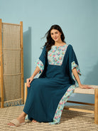 Elegant blue cotton kaftan nighty for women with flamingo yoke print â‚¬€œ perfect for lounging.
