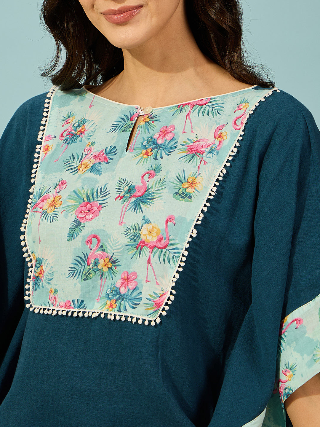 Blue cotton kaftan nighty with flamingo design for women â‚¬€œ cozy and chic.
