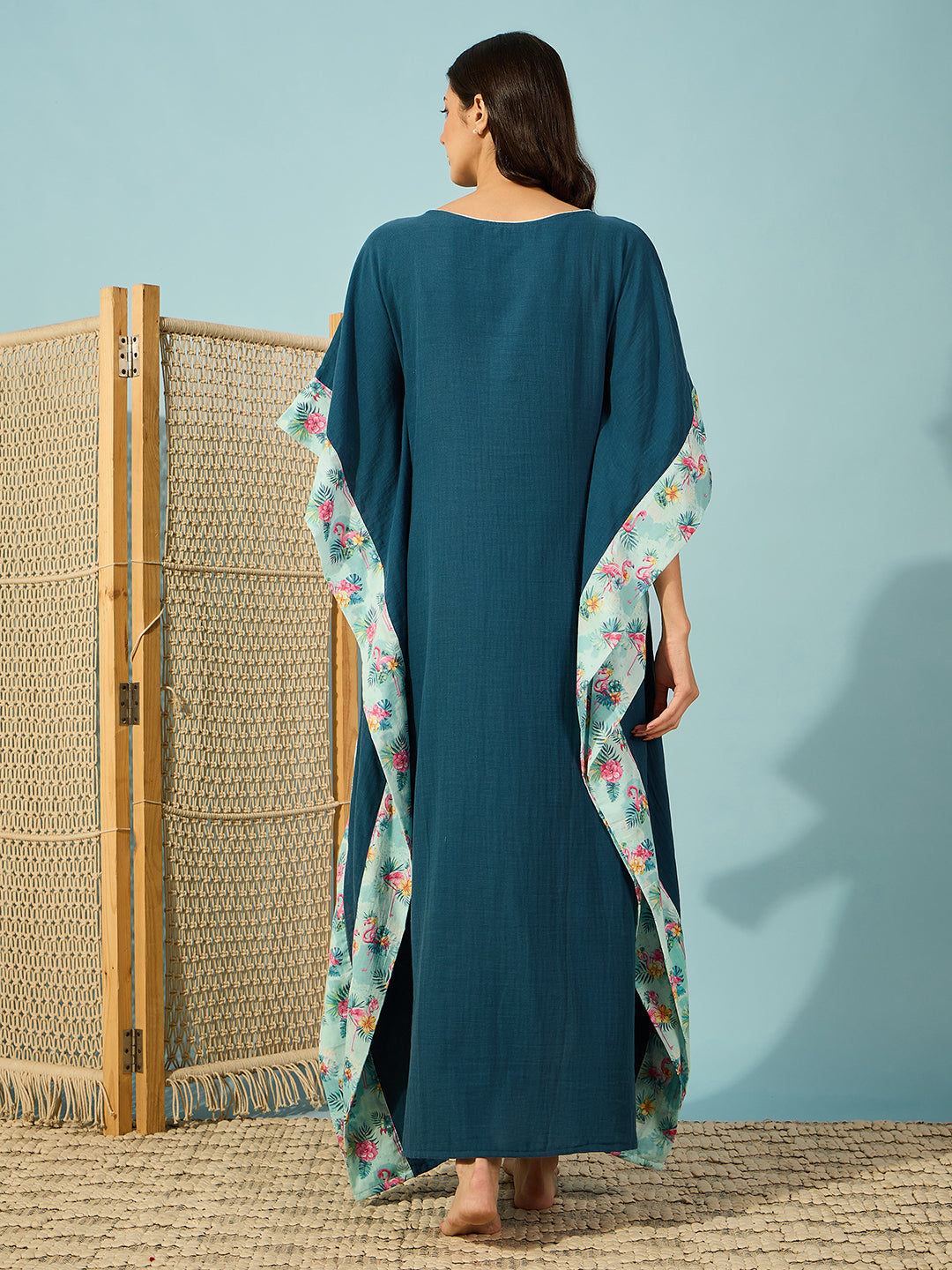 Comfortable womenâ‚¬„¢s blue flamingo yoke cotton kaftan night dress
