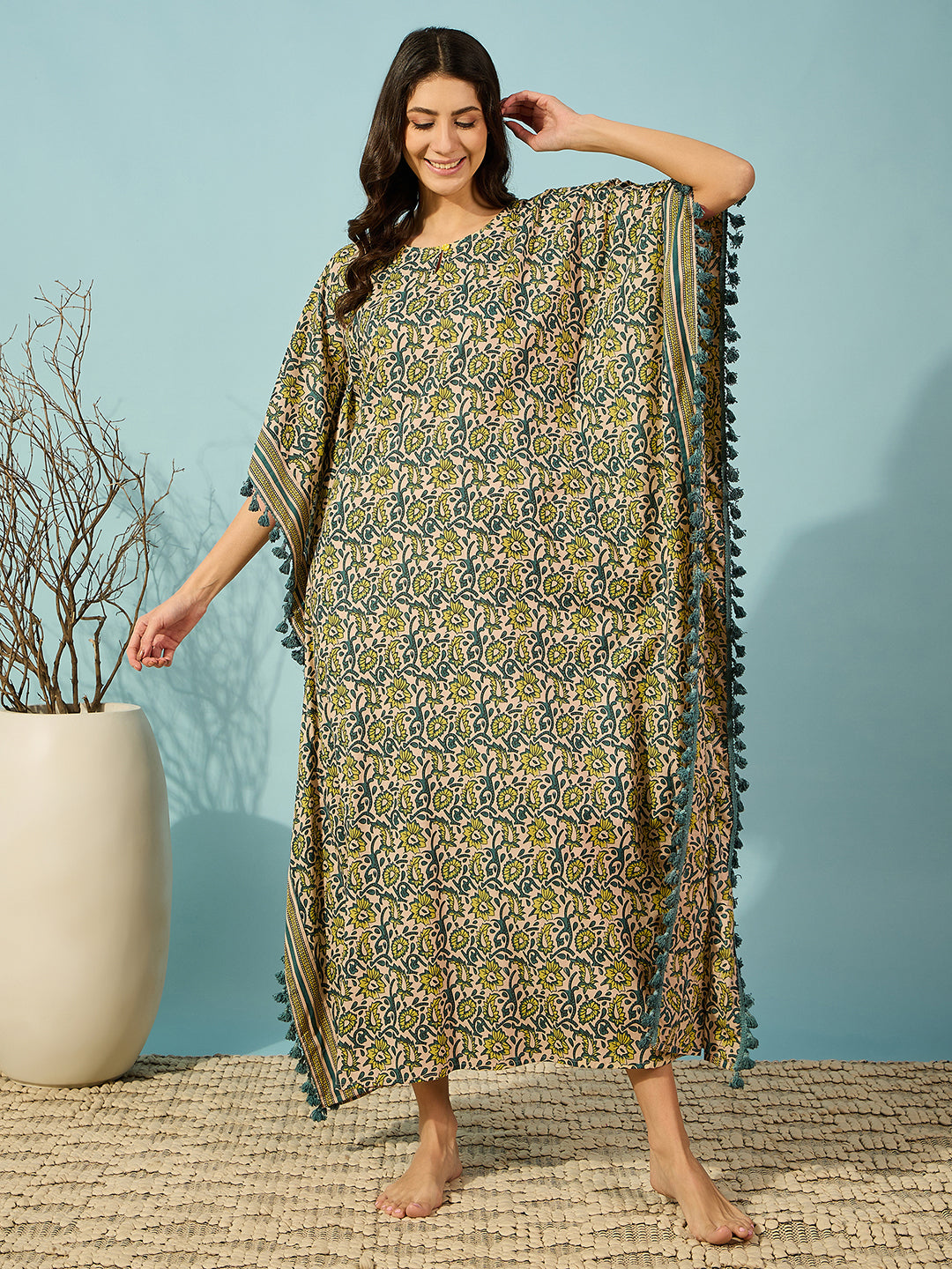 Women's Yellow Cotton Floral Kaftan with Striped Border - Elegant and Breezy Comfort.
