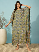Women's Yellow Cotton Floral Kaftan with Striped Border - Elegant and Breezy Comfort.

