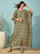 Relax in style with this women's yellow floral cotton kaftan, adorned with a striking striped border.
