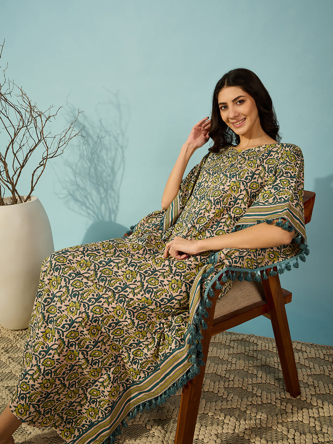 Yellow Cotton Floral Kaftan with Striped Border - Effortless sophistication for women's loungewear.

