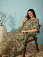 Yellow Cotton Floral Kaftan with Striped Border - Effortless sophistication for women's loungewear.

