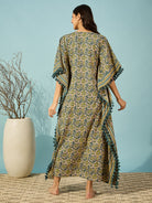 Women's floral kaftan in sunny yellow cotton, complemented by a bold striped border for modern flair.
