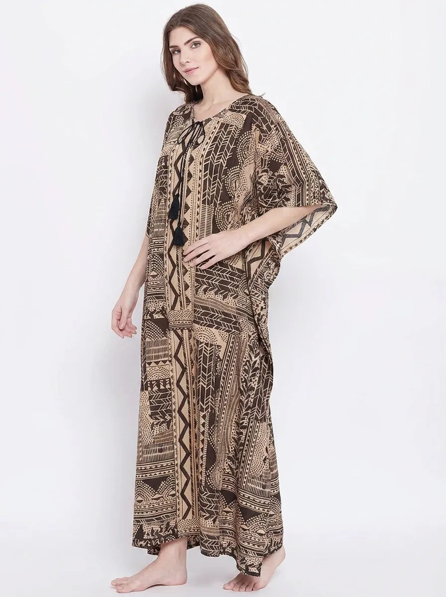 The Kaftan Company Kaftan Brown & Beige Tribal Print Cotton Kaftan