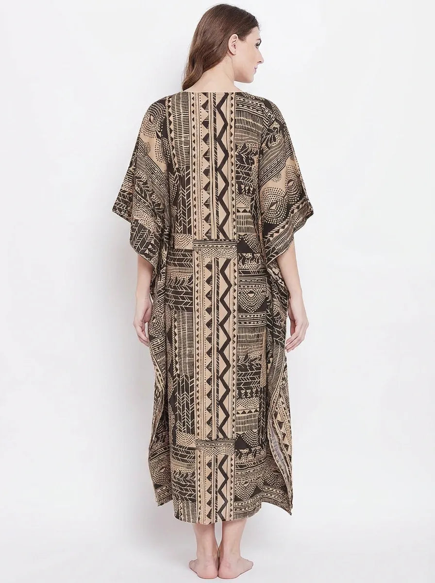 The Kaftan Company Kaftan Brown & Beige Tribal Print Cotton Kaftan