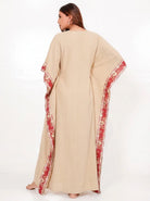 The Kaftan Company Kaftan Beige Cotton Kaftan with Red Floral Yoke Panel