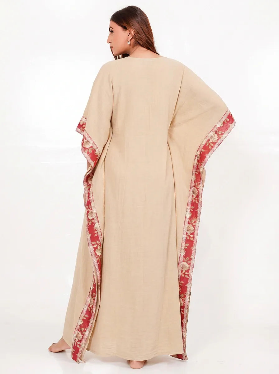 The Kaftan Company Kaftan Beige Cotton Kaftan with Red Floral Yoke Panel